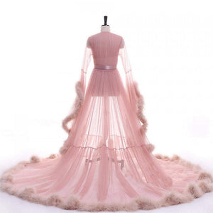 "Dream Come True" Blush Pink Long Sheer Tulle Marabou Feather Grand Luxury Robe