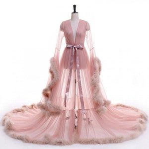 Open image in slideshow, &quot;Dream Come True&quot; Blush Pink Long Sheer Tulle Marabou Feather Grand Luxury Robe
