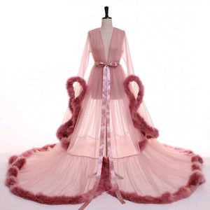 Open image in slideshow, &quot;Dream Come True&quot; Rose Pink Long Sheer Tulle Marabou Feather Grand Luxury Robe
