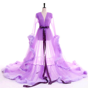 Open image in slideshow, &quot;Dream Come True&quot; Lavender Long Sheer Tulle Marabou Feather Grand Luxury Robe
