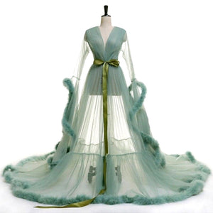 Open image in slideshow, &quot;Dream Come True&quot; Mellow Green Long Sheer Tulle Marabou Feather Grand Luxury Robe
