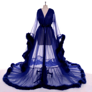 Open image in slideshow, &quot;Dream Come True&quot; Dark Blue Long Sheer Tulle Marabou Feather Grand Luxury Robe
