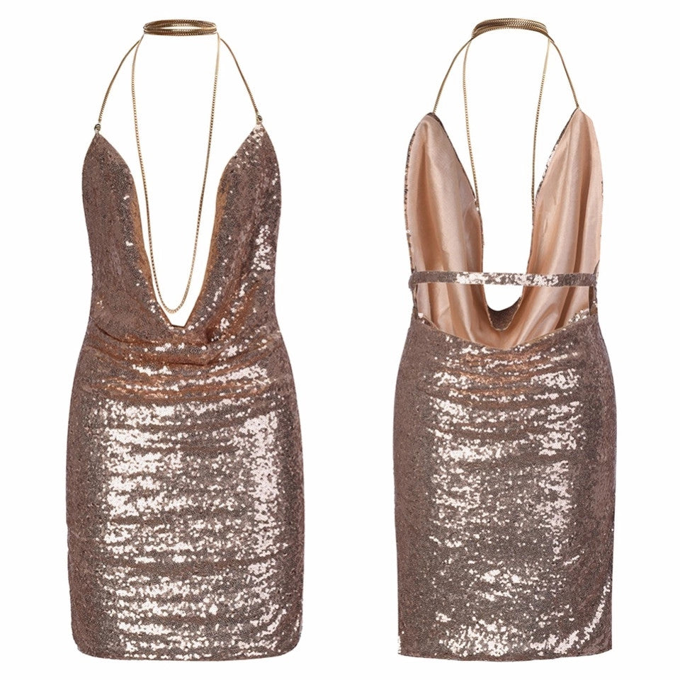 Shimmer Me Deep V Mini Dress L Shimmer Me Deep V Mini Dress L