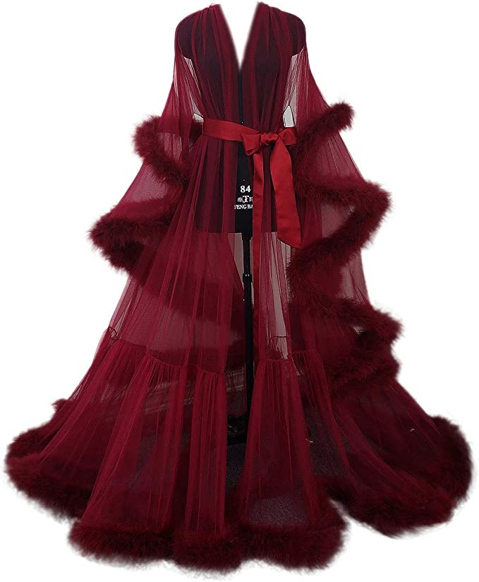 Hollywood Glam Sheer Fluffy Floor-length Feather Tulle Robe