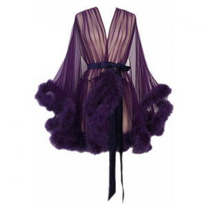 Open image in slideshow, &quot;Night In&quot; Dark Purple Handmade Sheer Fluffy Mini Marabou Feather Robe
