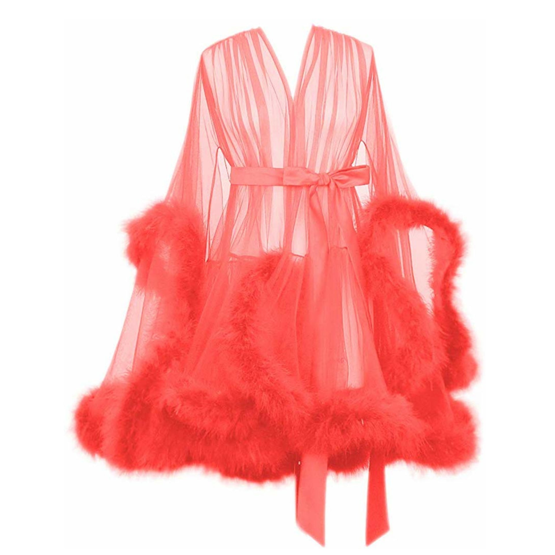 Night in Coral Pink Handmade Sheer Fluffy Mini Marabou Feather Robe Coral Pink / Small 2-6 Night in Coral Pink Handmade Sheer Fluffy Mini Marabou Feather Robe Coral Pink / Small 2-6