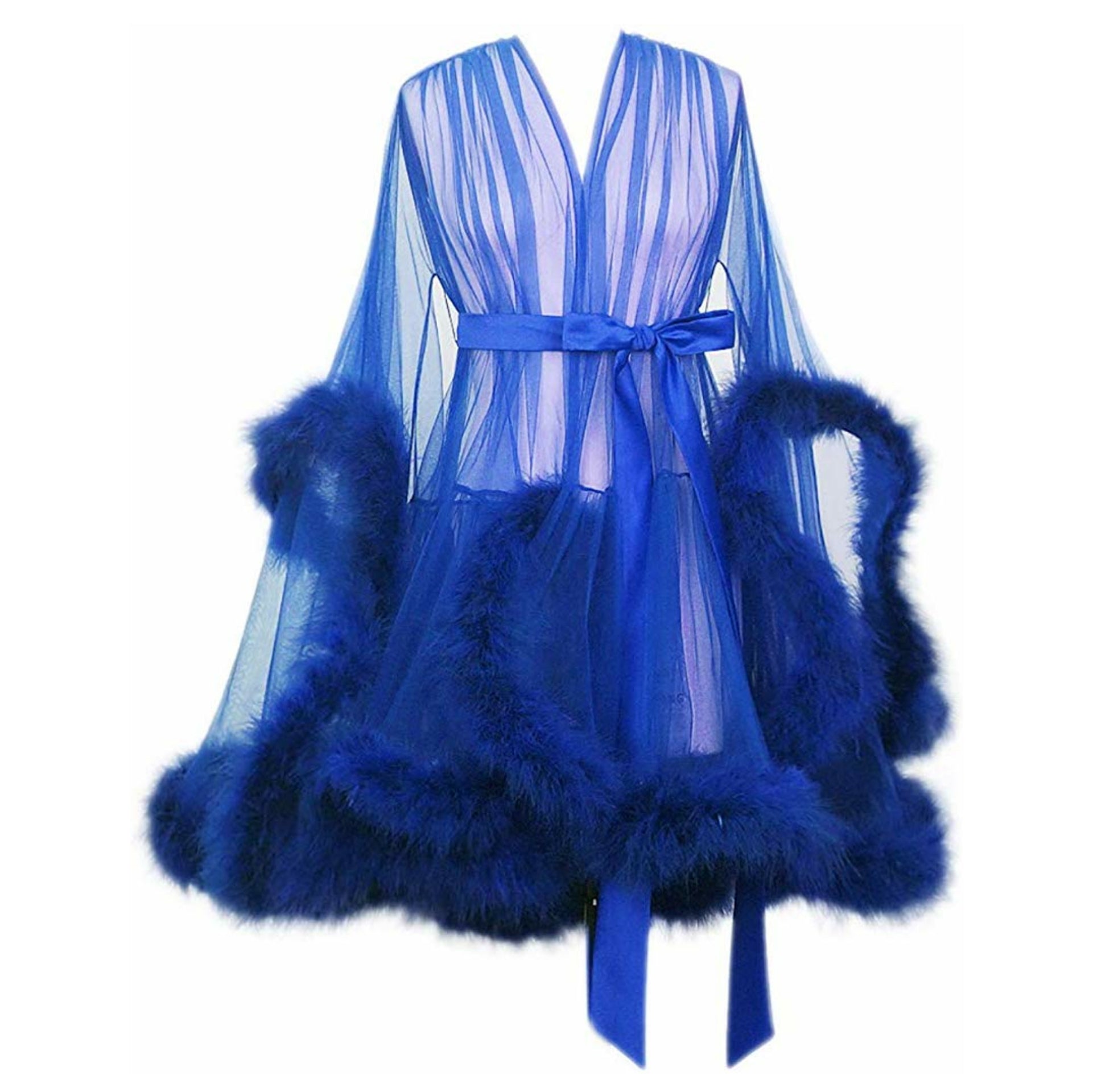 sheer dressing gown with fur trim Pink Long Marabou Fur Edge Robe with Slip Dress