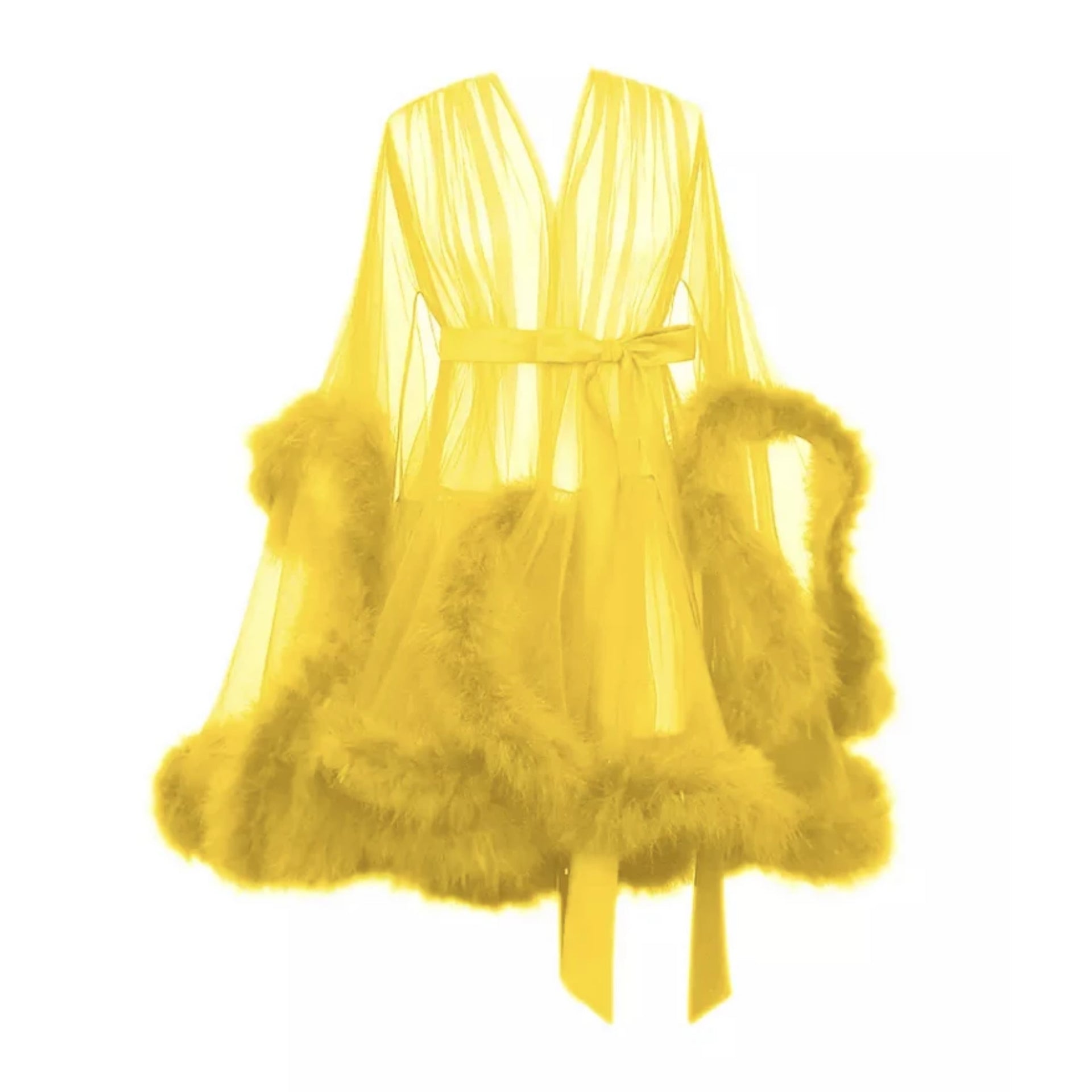 "Night In" Yellow Handmade Sheer Fluffy Mini Marabou Feather Robe