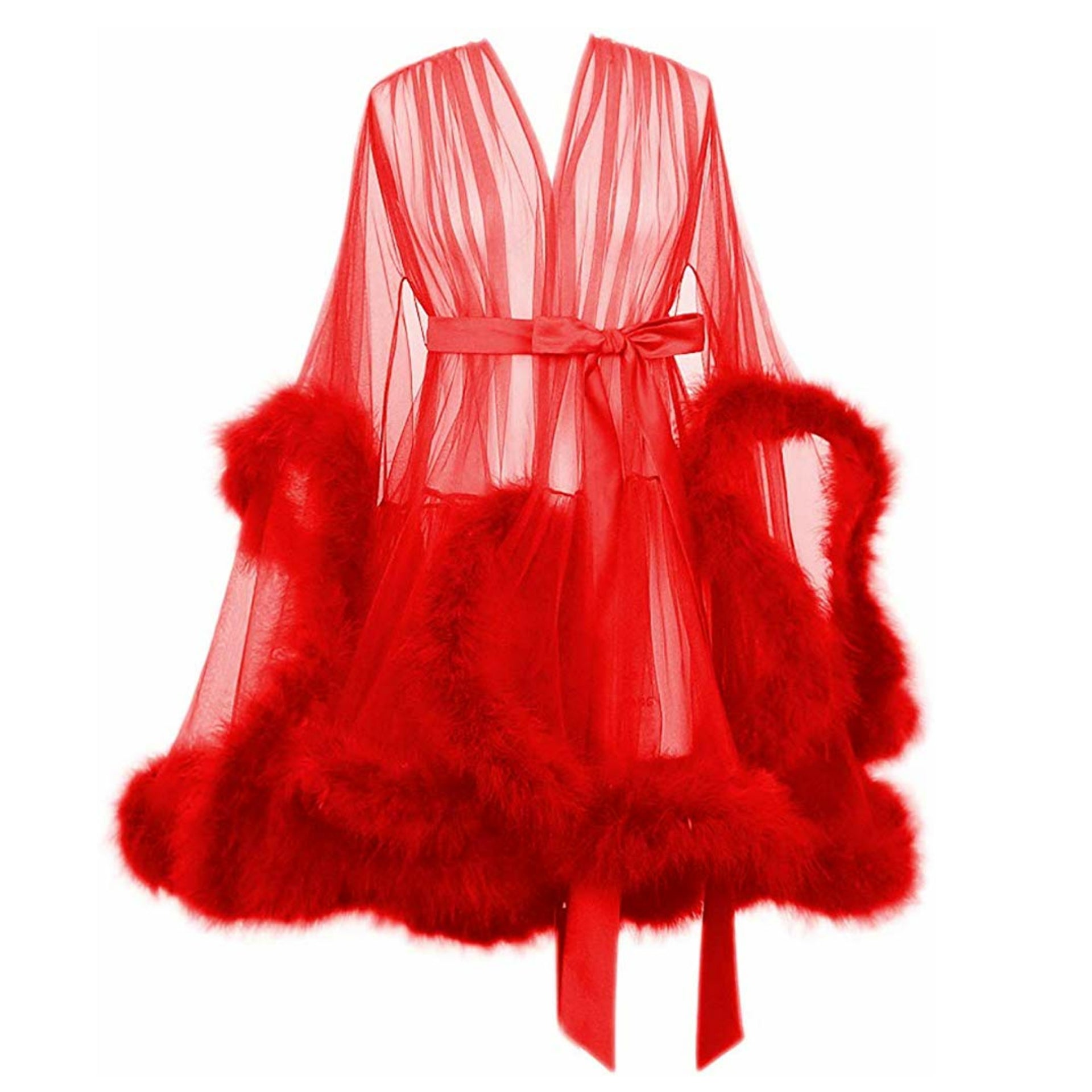 "Night In" Red Handmade Sheer Fluffy Mini Marabou Feather Robe