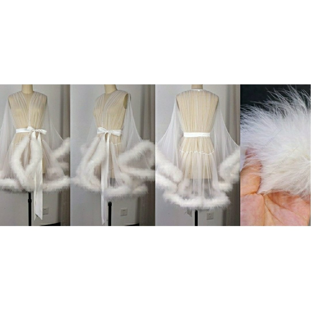 "Night In" White Handmade Sheer Fluffy Mini Marabou Feather Robe