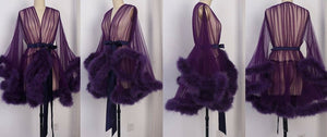 "Night In" Dark Purple Handmade Sheer Fluffy Mini Marabou Feather Robe