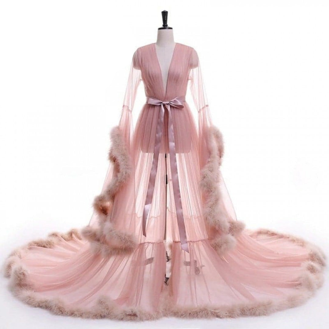 sheer dressing gown with fur Lady Mesh Pyjama Gown Tulle Sheer Faux Fur Trim Furry with Belt Retro Loungewear