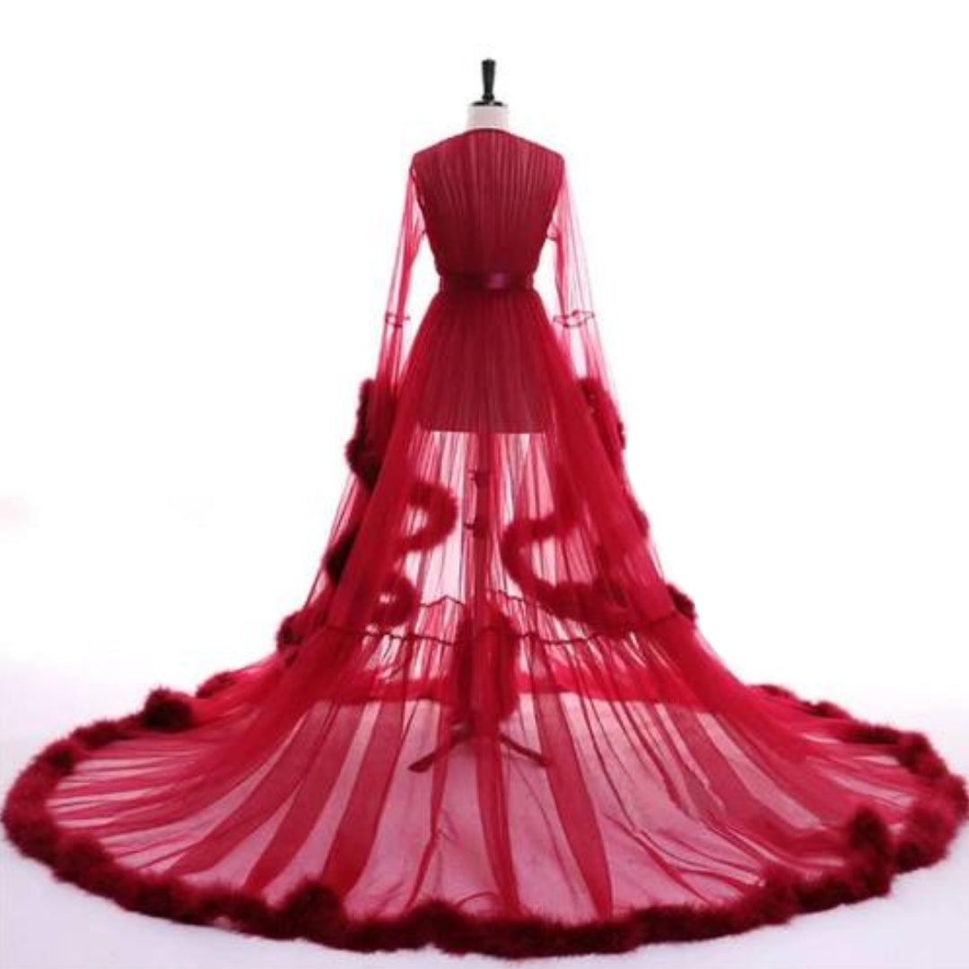 "Dream Come True" Burgundy Long Sheer Tulle Marabou Feather Grand Luxury Robe