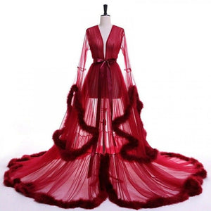 Open image in slideshow, &quot;Dream Come True&quot; Burgundy Long Sheer Tulle Marabou Feather Grand Luxury Robe
