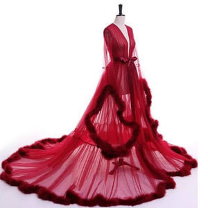 "Dream Come True" Burgundy Long Sheer Tulle Marabou Feather Grand Luxury Robe