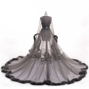 "Dream Come True" Gray Long Sheer Tulle Marabou Feather Grand Luxury Robe
