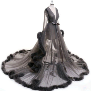 Open image in slideshow, &quot;Dream Come True&quot; Gray Long Sheer Tulle Marabou Feather Grand Luxury Robe
