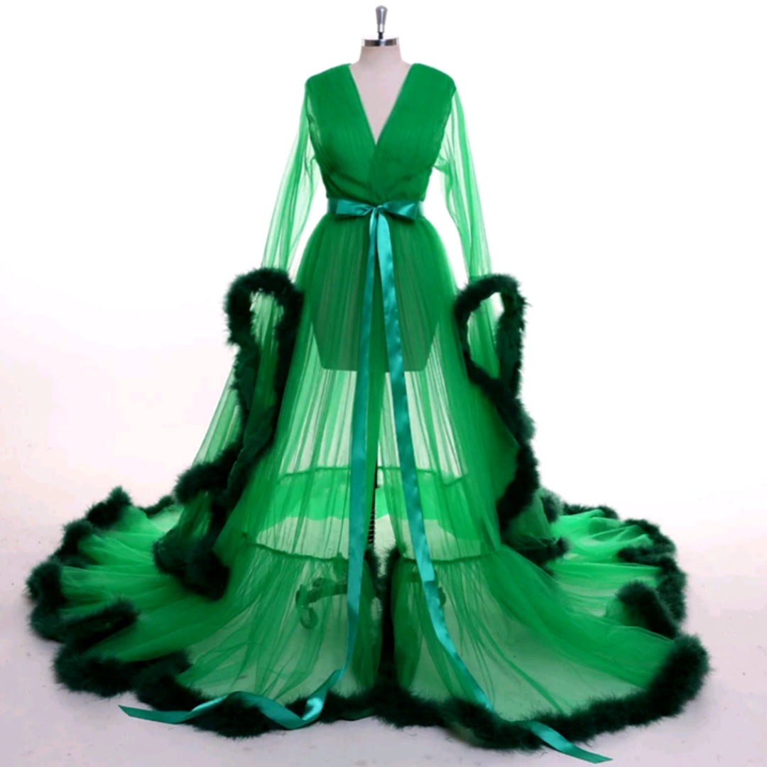 Dream Come True Green Long Sheer Tulle Marabou Feather Grand Luxury –  Goddess Of Luxury
