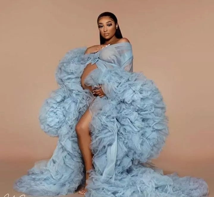 all ruffled up evening fluffy dress Pure Elegance Long Fluffy Ruffled Tulle Robe (Extra Puffy) Blue / Medium (10-12)