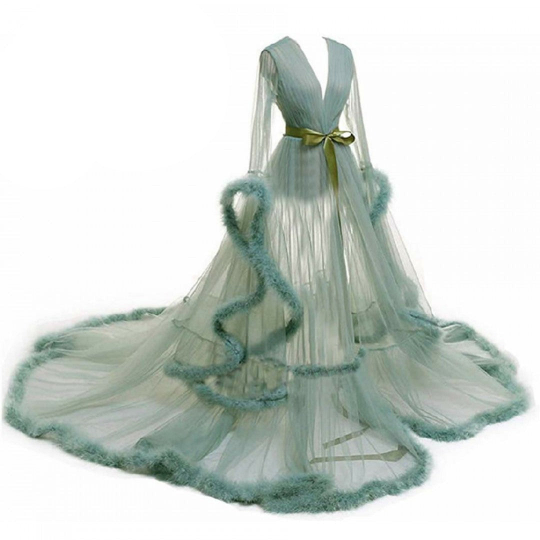 "Dream Come True" Mellow Green Long Sheer Tulle Marabou Feather Grand Luxury Robe