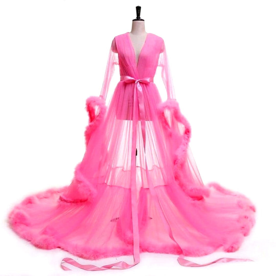 pink marabou dress Vintage Saks Fifth Avenue Pink Marabou Dressing Gown Cherub Pink Velour Robe
