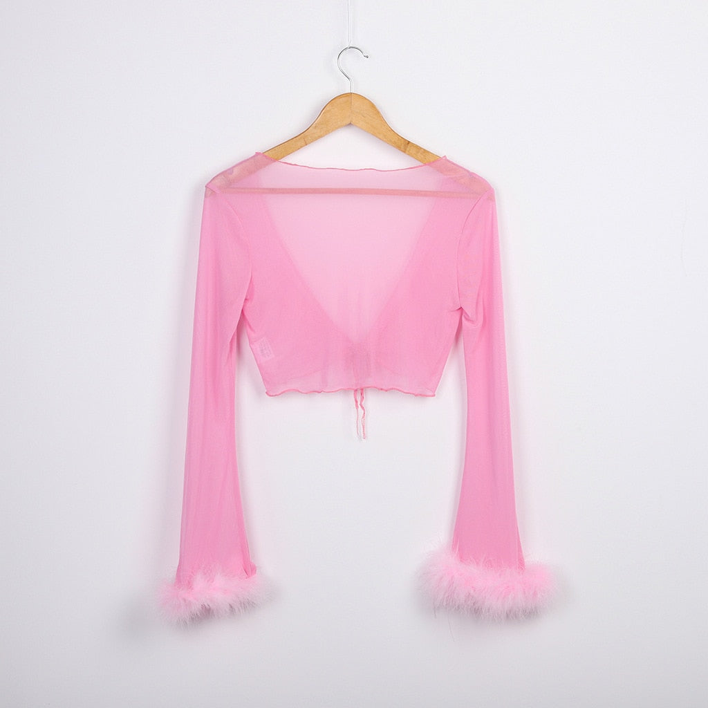 "Sugar Baby" Crop Top and Pant Set Sheer w/ Fluffy Furry Fancy Marabou Feather (3 Colors)