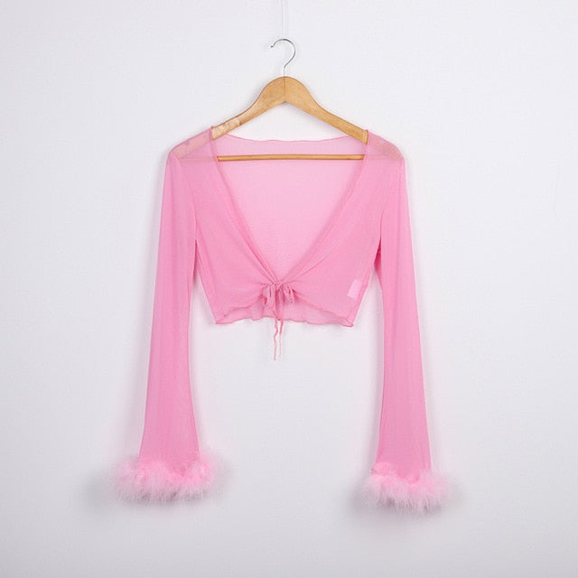 "Sugar Baby" Crop Top and Pant Set Sheer w/ Fluffy Furry Fancy Marabou Feather (3 Colors)