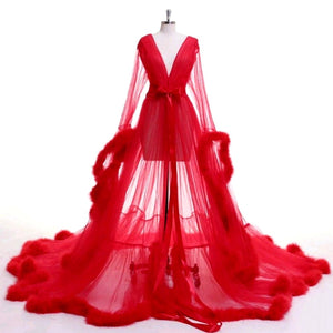 "Dream Come True" Red Long Sheer Tulle Marabou Feather Grand Luxury Robe