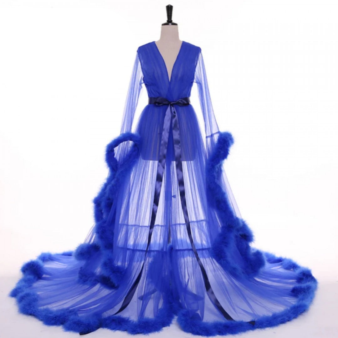 sheer dressing gown with fur Lady Mesh Pyjama Gown Tulle Sheer Faux Fur Trim Furry with Belt Retro Loungewear