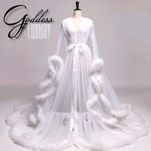 Open image in slideshow, &quot;Dream Come True&quot; White Long Sheer Tulle Marabou Feather Grand Luxury Robe

